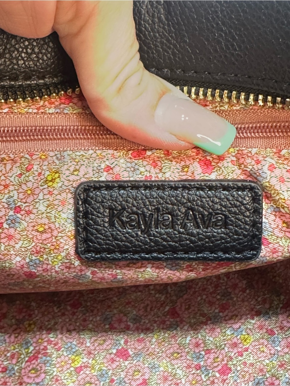 Kayla Ava Black Faux Leather Satchel Crossbody Bag Gold Hardware Floral Lining - Picture 7 of 11